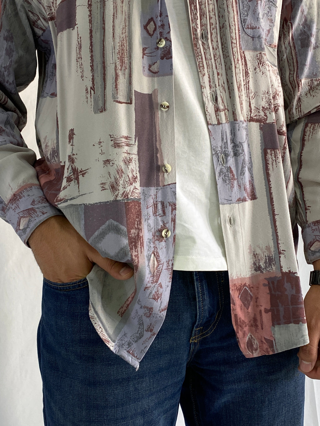 Vintage Happy Life Abstract Geometric Print Men’s Long Sleeve Shirt - L