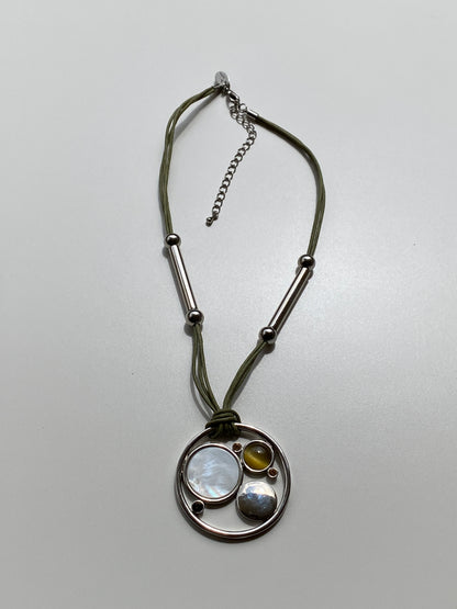 Vintage Y2K Lia Sophia Olive Cord & Gunmetal Multi-Stone Circle Pendant Necklace