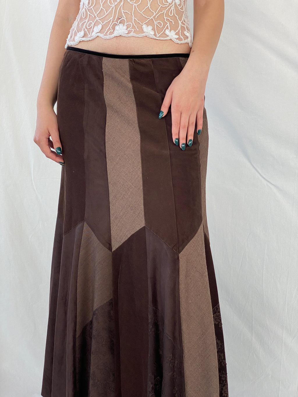Y2K Per Una Patchwork Brown Cord Velvet Maxi Skirt - L