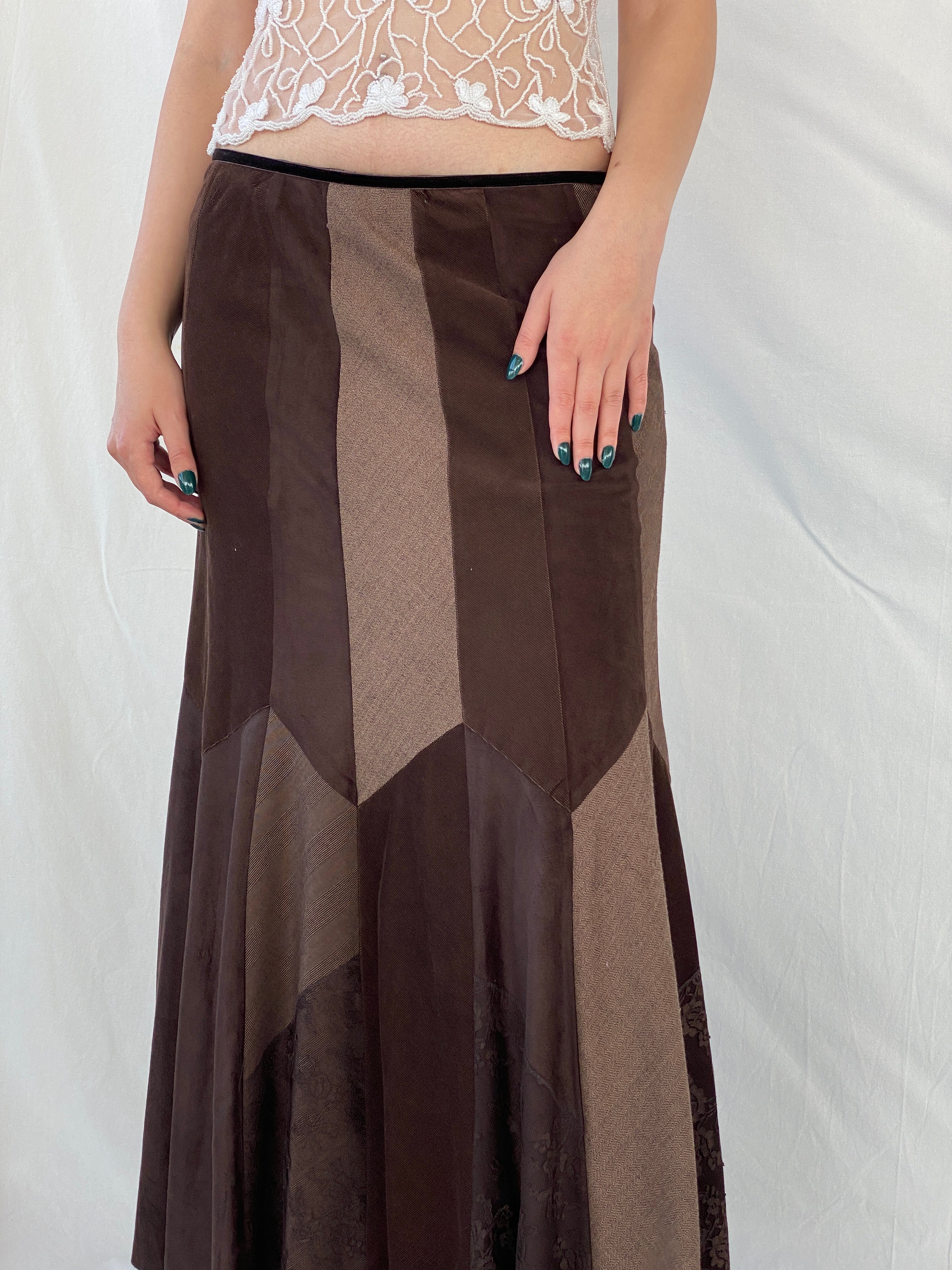 Y2K Per Una Patchwork Brown Cord Velvet Maxi Skirt - L
