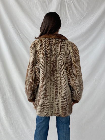 Luxurious Vintage 1980s Brown Real Mink Fur Jacket with Dyed Fur Stripes and Brown Collar - M