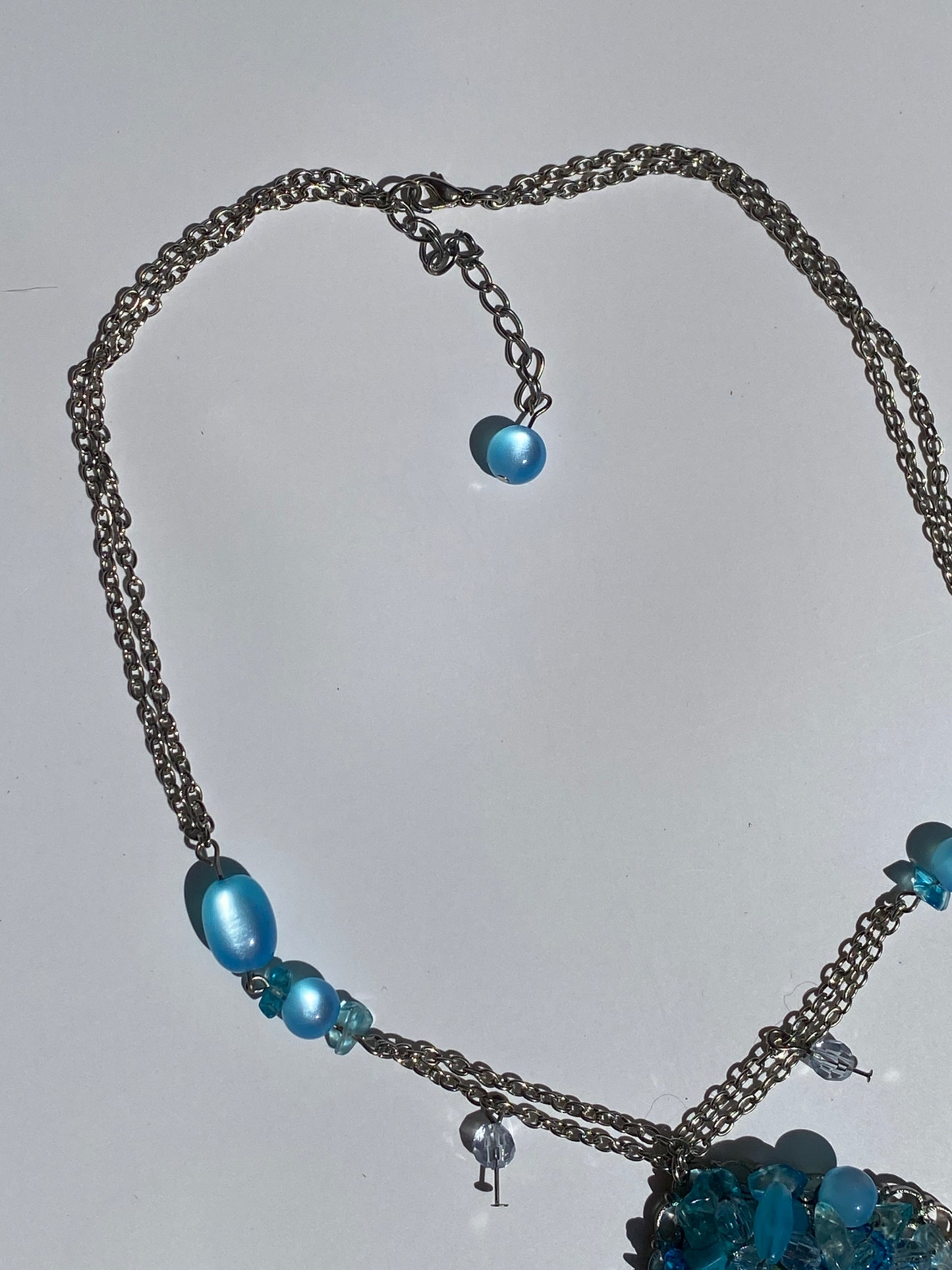 Vintage Y2K Blue Beaded Silver Tone Fringe Pendant Necklace