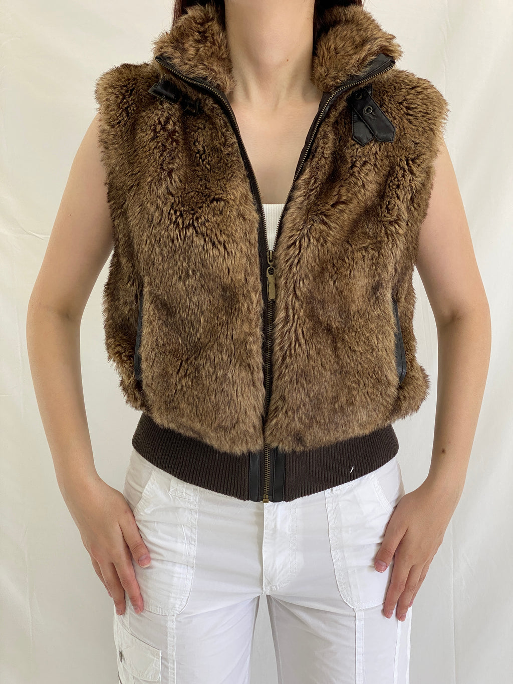 Y2K Mystical Charms Faux Fur Brown Sleeveless Zip Up Vest - M
