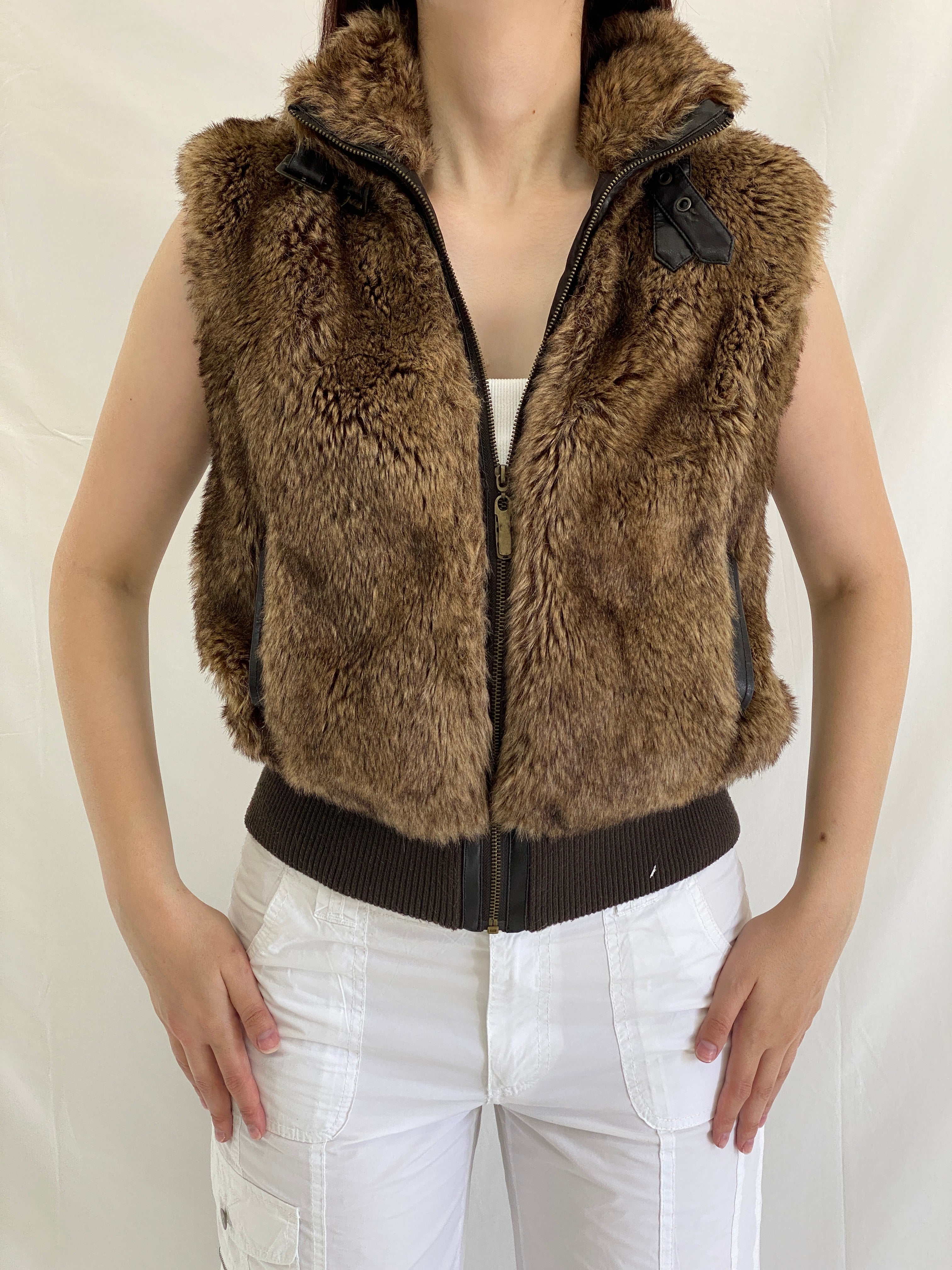 Y2K Mystical Charms Faux Fur Brown Sleeveless Zip Up Vest - M