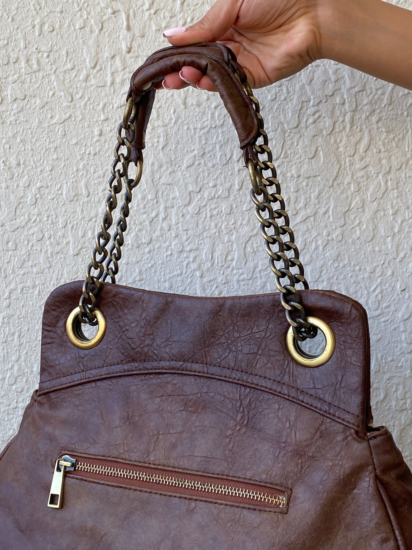 Vintage Y2K A|wear Brown Chain Handle Multi-Pocket Shoulder Bag