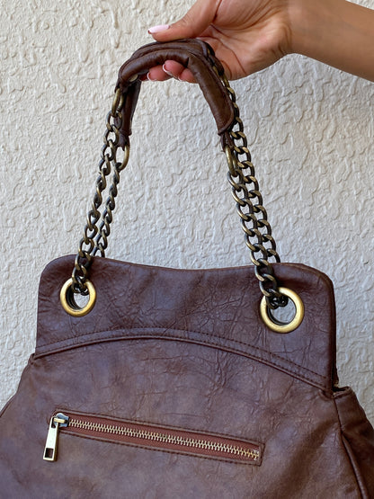 Vintage Y2K A|wear Brown Chain Handle Multi-Pocket Shoulder Bag