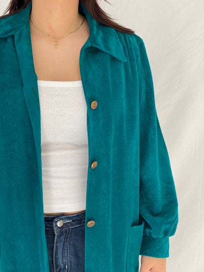 Vintage Vanity Fair Teal Velvet Kimono-Style Jacket with Gold Buttons - L