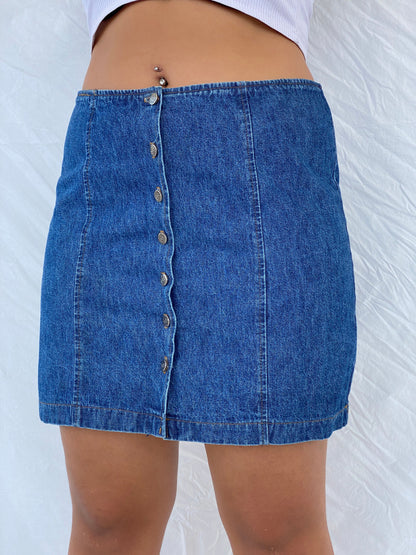 90s Vintage Blue Button Up Denim Skirt - L