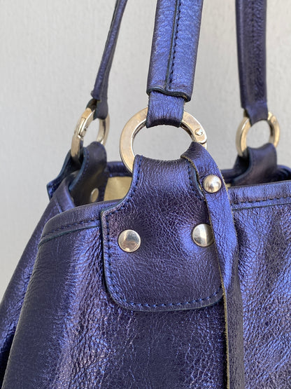 Vintage Y2K Metallic Blue Genuine Leather Slouchy Shoulder Bag