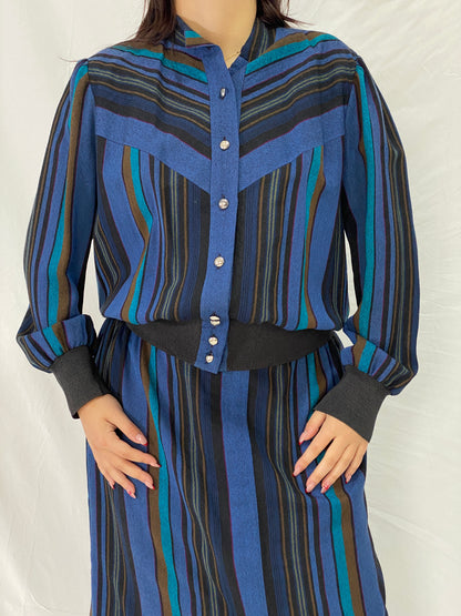 Vintage Pure Wool Sporting Dress Skirt & Jacket Set Blue Striped Two-Piece Set - L