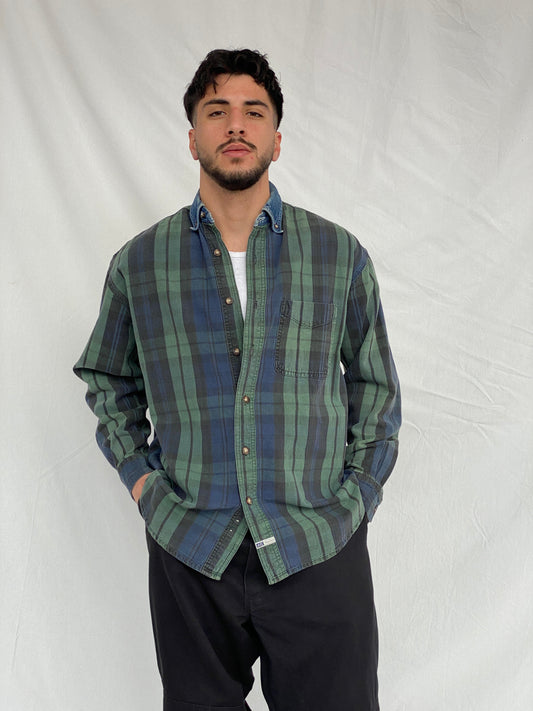 Vintage 90's American Eagle Mens Plaid Blue Green Button Up Shirt Denim Collar - M