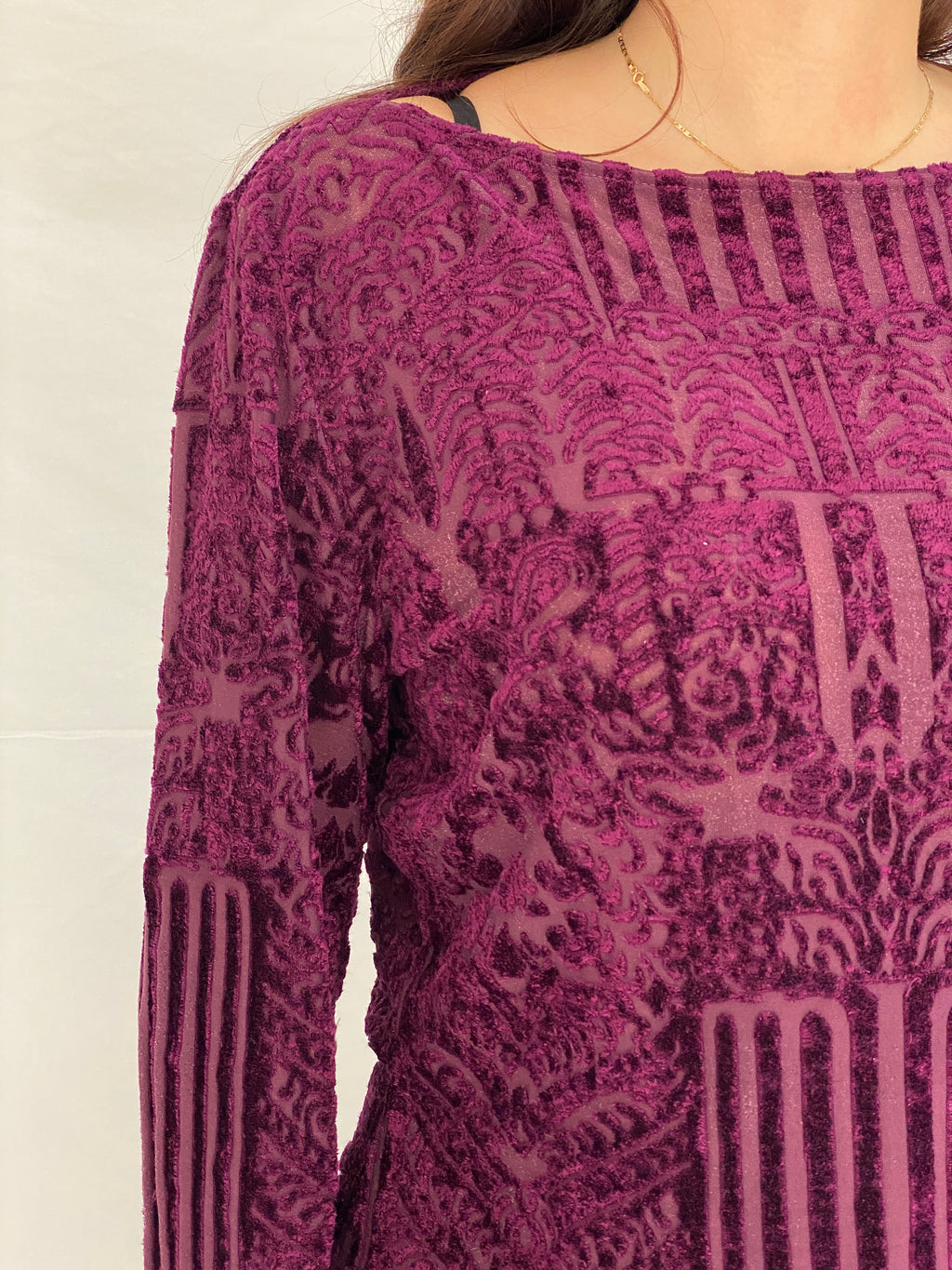 Vintage Wallis Purple Burnout Velvet Sheer Long Sleeve Top - XL