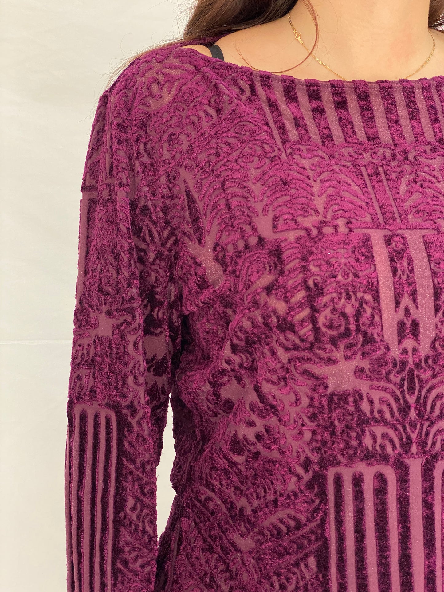 Vintage Wallis Purple Burnout Velvet Sheer Long Sleeve Top - XL