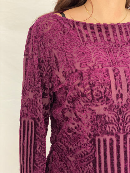 Vintage Wallis Purple Burnout Velvet Sheer Long Sleeve Top - XL