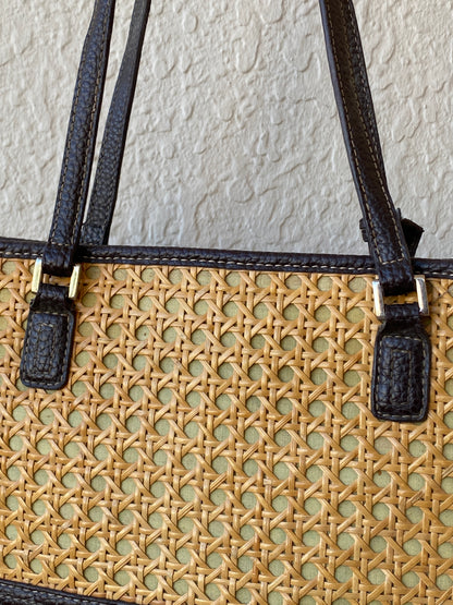 Liz Claiborne Woven Rattan Vegan Brown Leather Straw Shoulder Bag