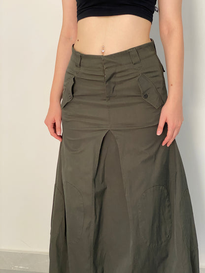 Vintage Y2K Olive Green Utility Cargo Maxi Skirt with Drawstring Hem - L
