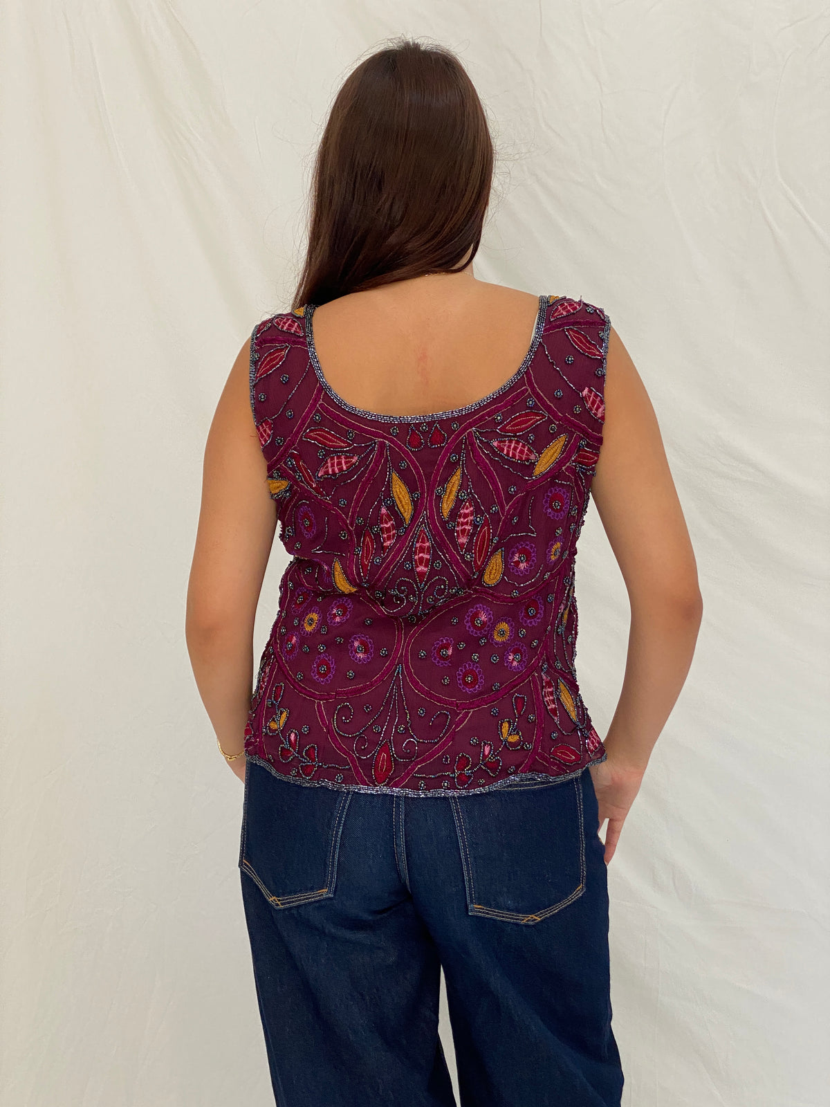 Vintage Beaded Embroidered Burgundy Handmade Evening Top - L Vintage Beaded Embroidered Burgundy Handmade Evening Top - L