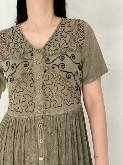 Vintage 90s Olive Embroidered Boho Rayon Blend Button Midi Dress – M