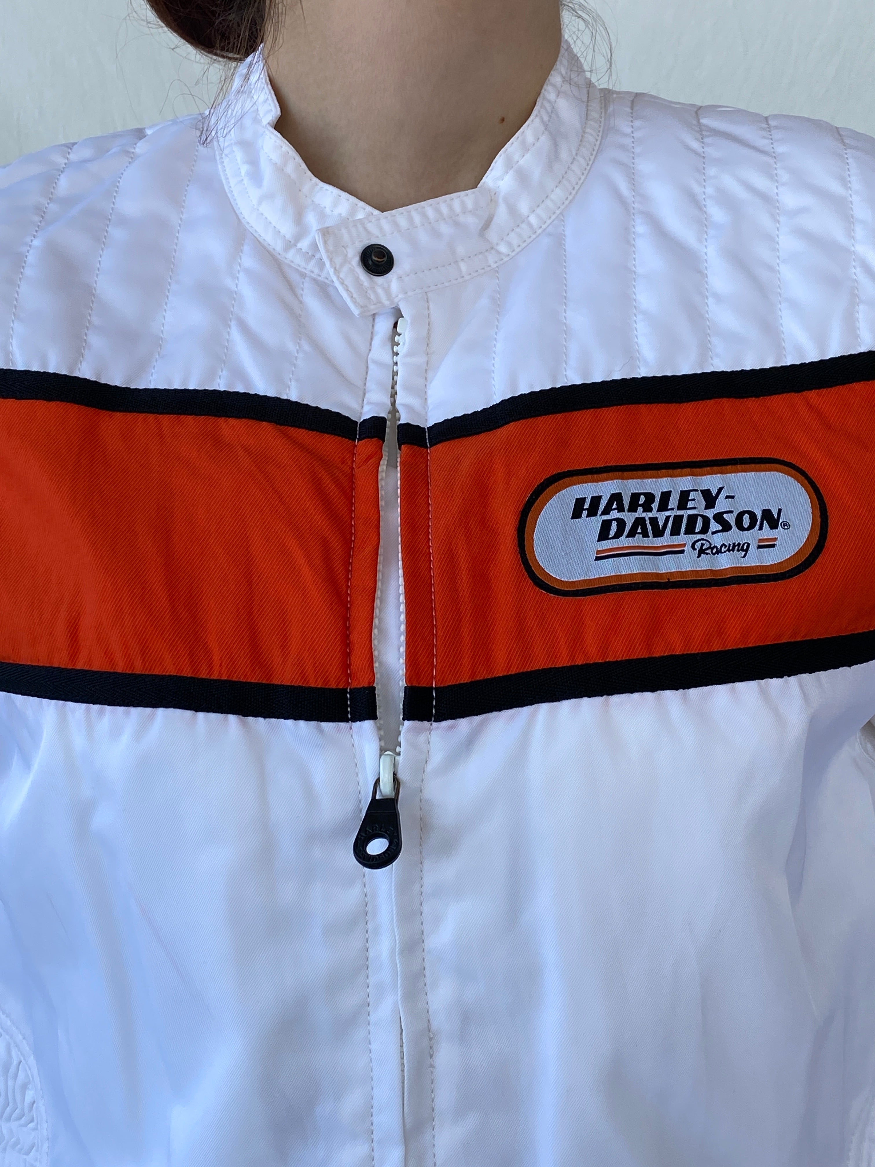 Vintage Harley Davidson Cropped Racing Bomber Jacket White & Orange Motorcycle Streetwear - L