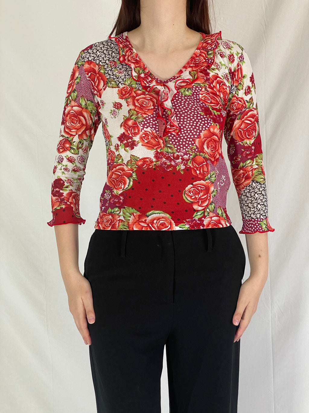 Y2K ESCARCHA Collection Red & Rose Floral Sheer Ruffle Top - M