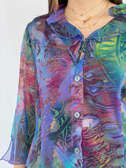 Vintage Lisa Chesnay Printed Sheer Shirt - Size XL - Balagan Vintage Full Sleeve Shirt 90s, full sleeve shirt, Juana, NEW IN, sheer shirt, women skirt