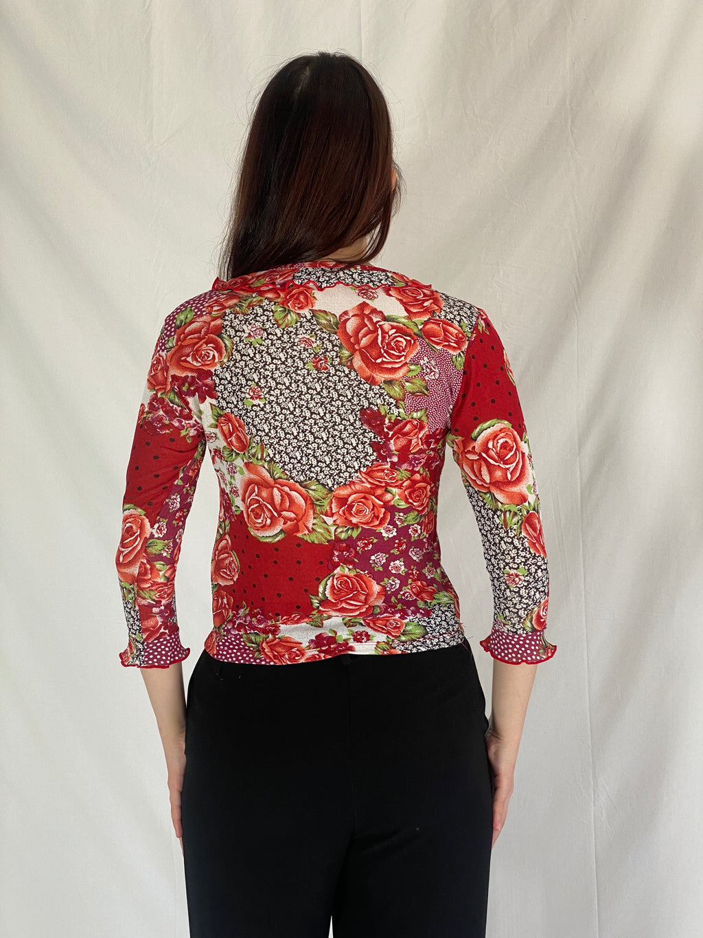 Y2K ESCARCHA Collection Red & Rose Floral Sheer Ruffle Top - M