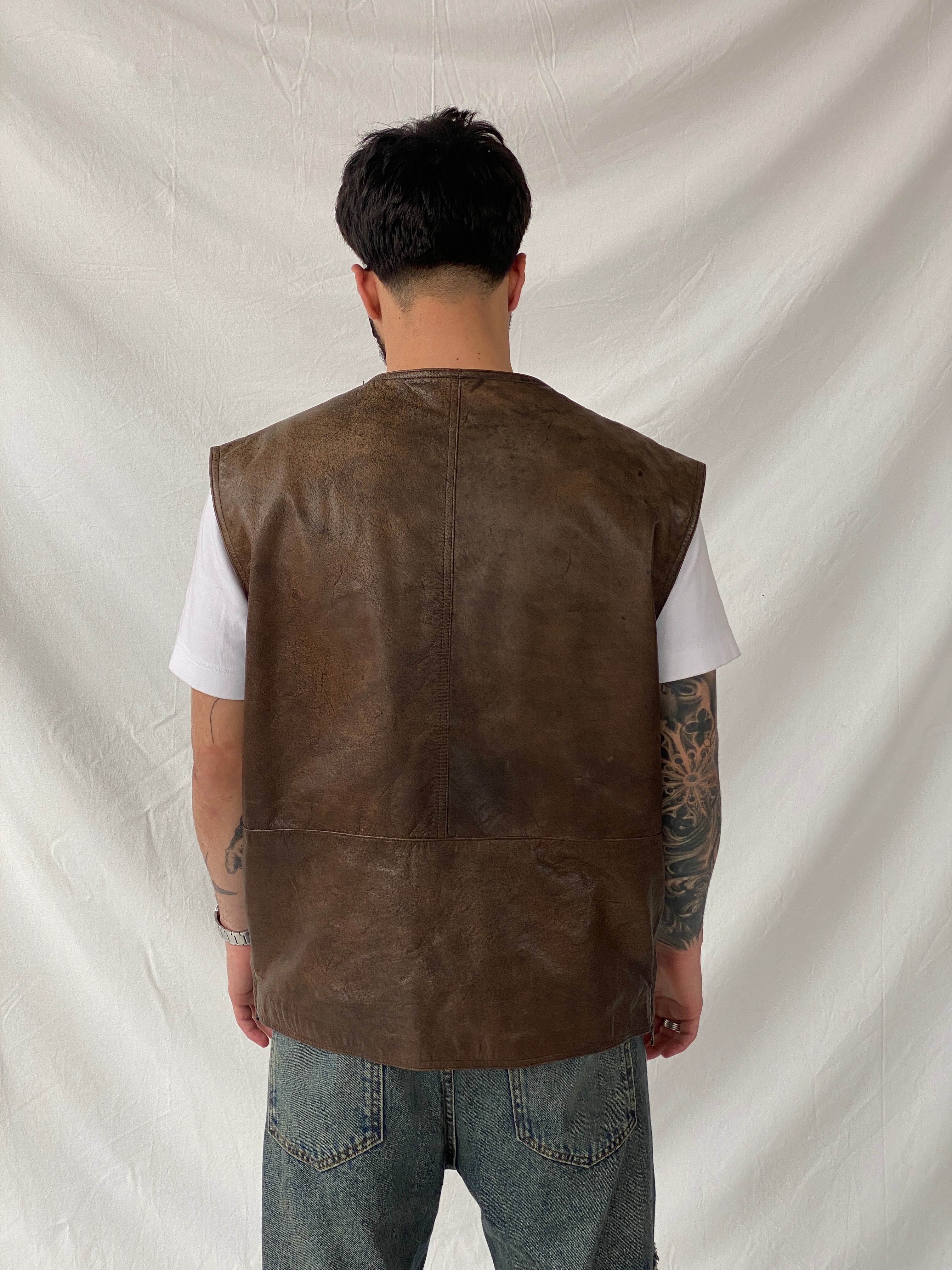 Vintage Men’s Safari Cargo Brown Genuine Leather Zip Up Vest - XL