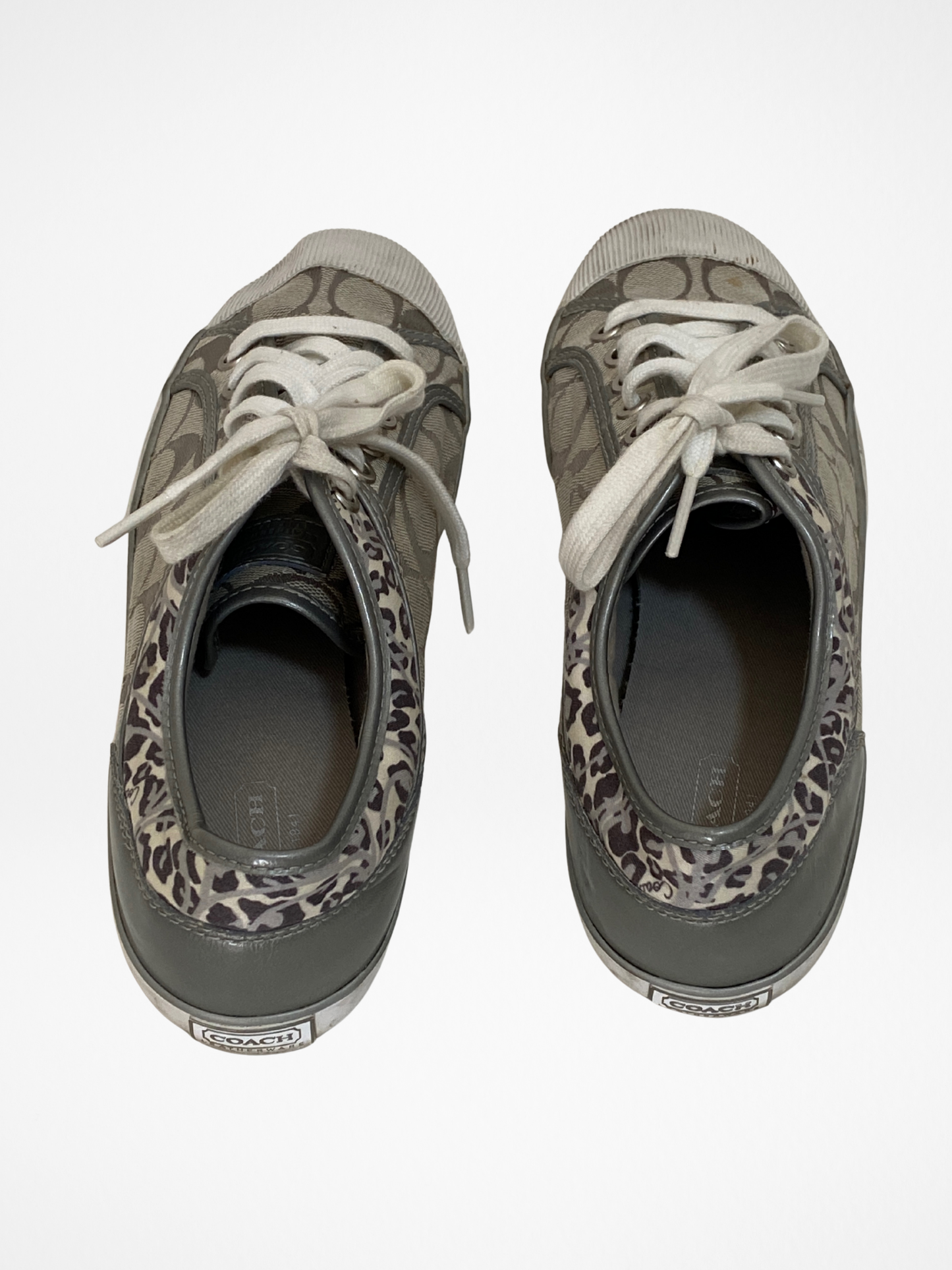 Coach Gray Monogram Canvas Sneakers with Leopard Trim - 38.5EU
