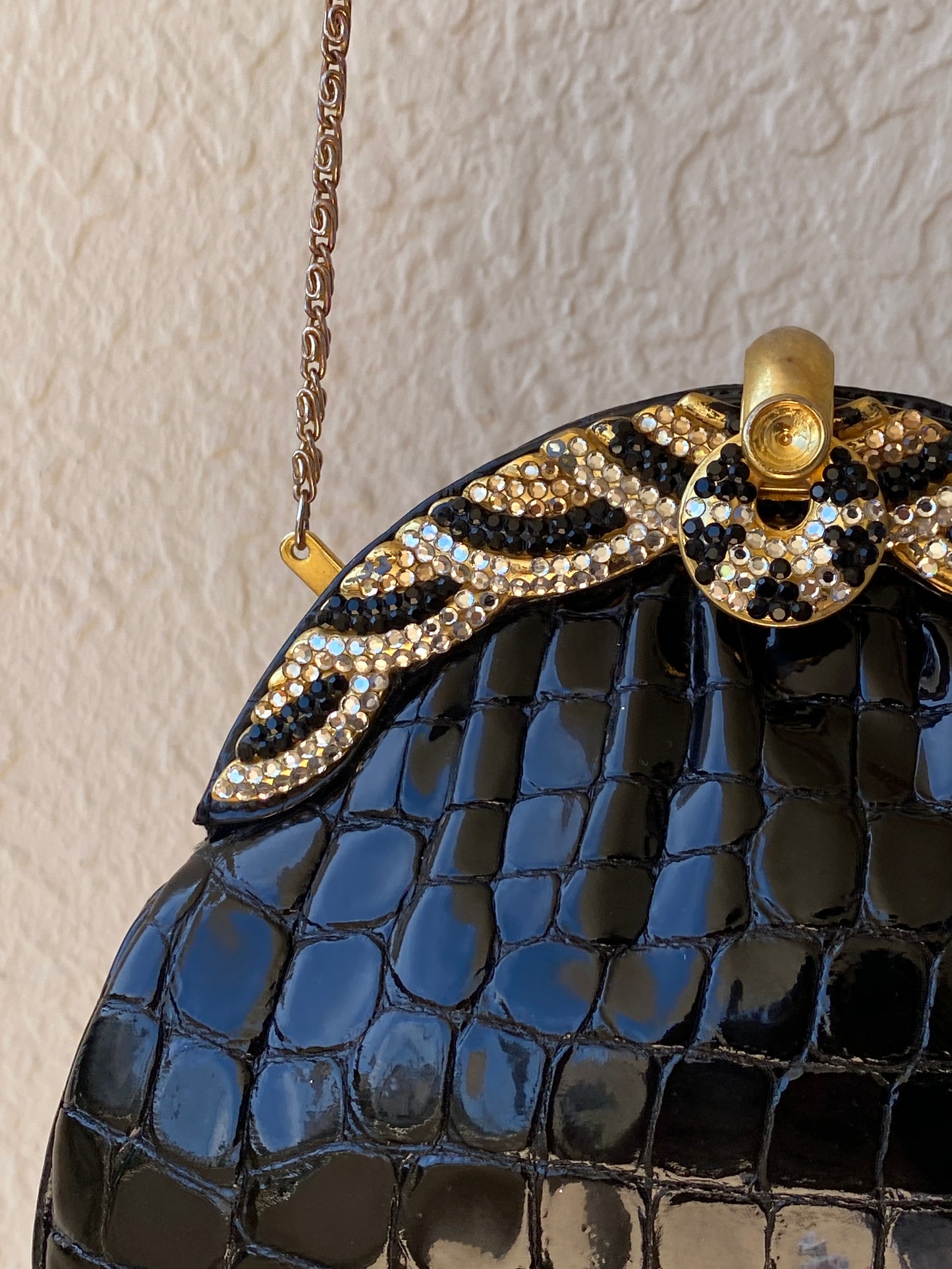 Vintage 1980s Black Croc Embossed Patent Rhinestone Bow Frame Gold Chain Evening Bag