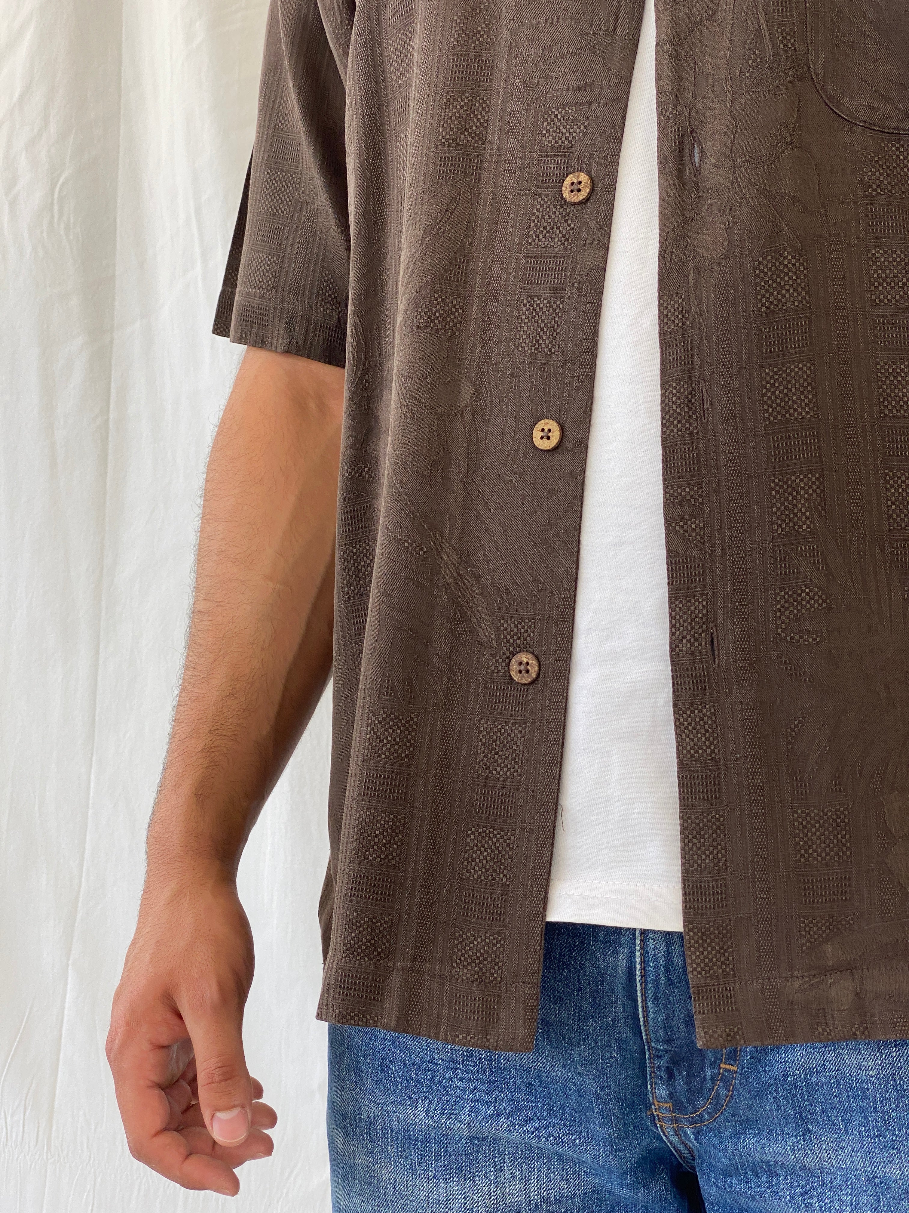 Vintage Gold Tri-Mountain Brown Half Sleeve Button Up Pure Silk Men’s Shirt - M