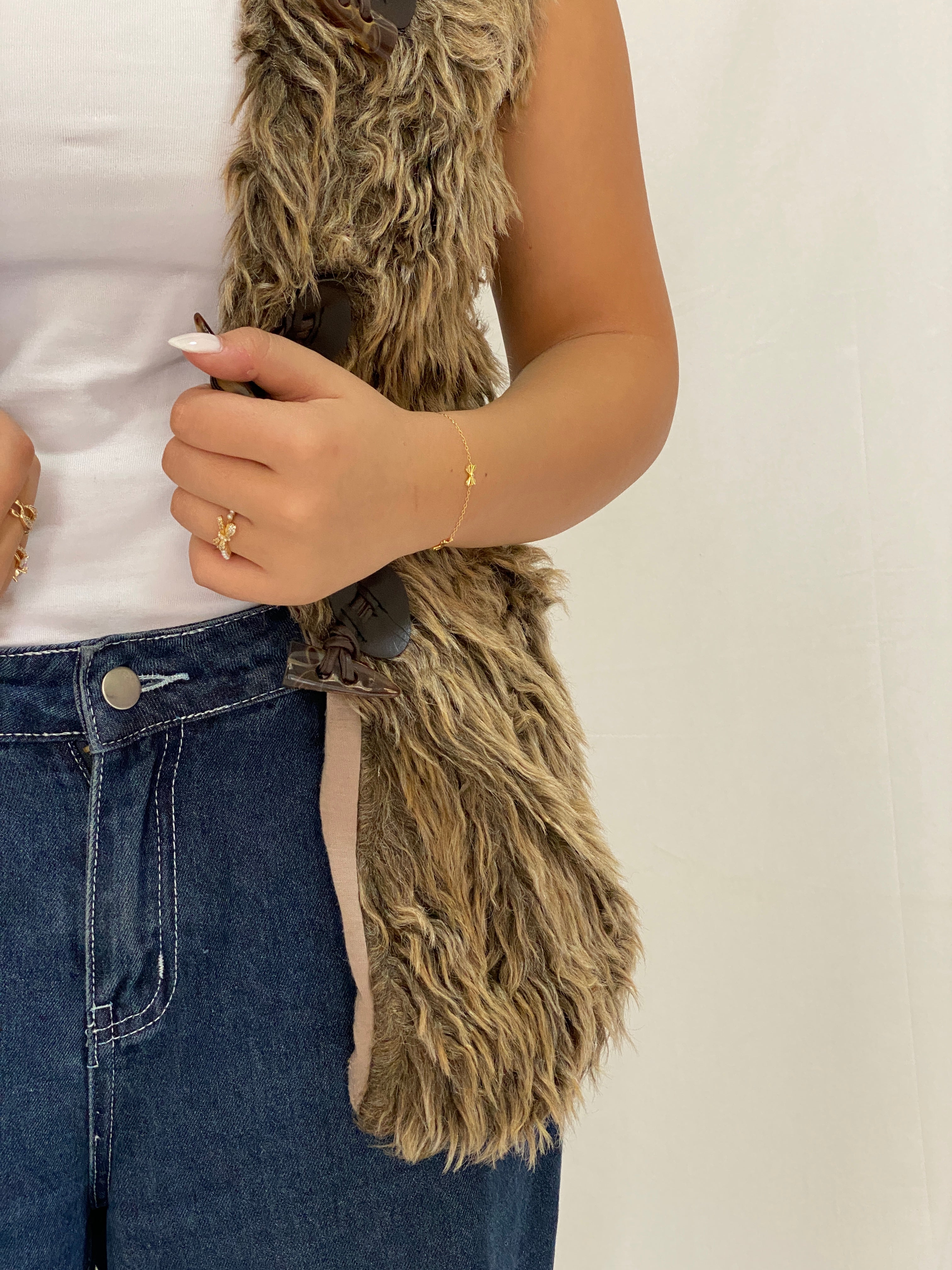 Vintage Shaggy Faux Fur Brown Sleeveless Boho Vest with Toggle Buttons - M