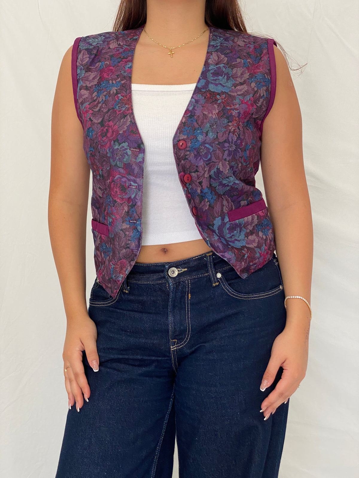Vintage 90s Pierre Lamonte Purple Waistcoat Floral Button Vest – M Vintage 90s Pierre Lamonte Purple Waistcoat Floral Button Vest – M