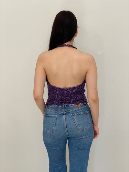 Vintage 90s SWING Purple Beaded Floral Evening Halter Top – M