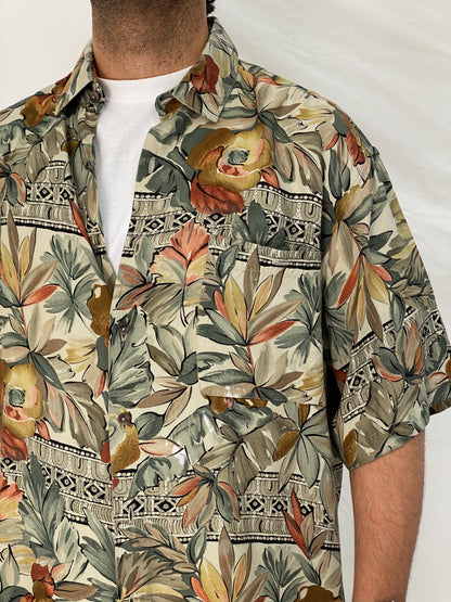 Vintage Burma Bibas Earth Tone Tropical Rayon Shirt – L