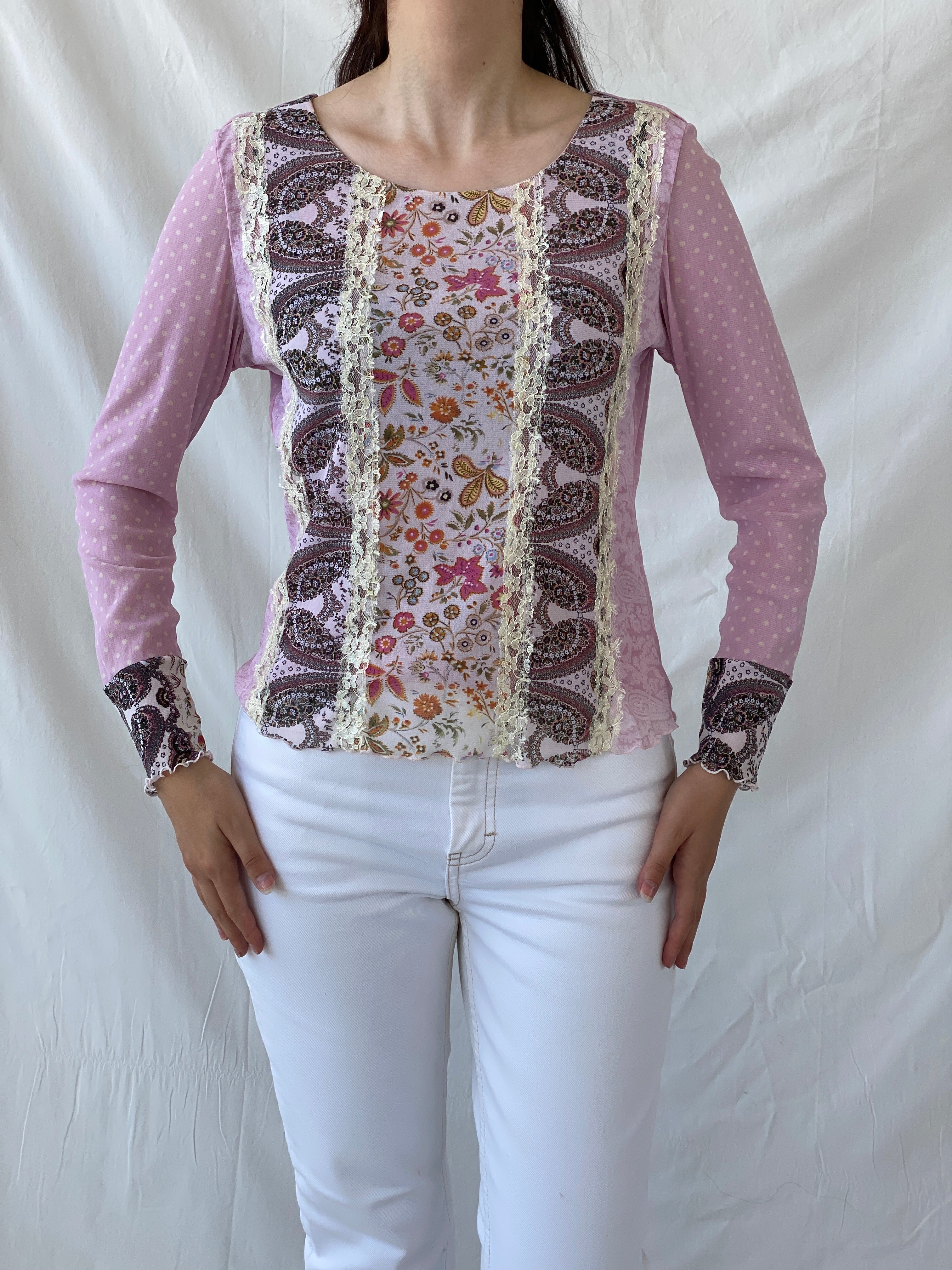 Vintage Taifun Collection Polka Dot Pink Lace Floral Detailing Long Sleeve Girly Coquette Mesh Top - L