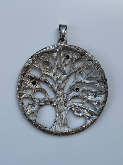 Vintage Silver Tone Tree of Life Pendant with Black & White Stones – Statement Necklace Charm