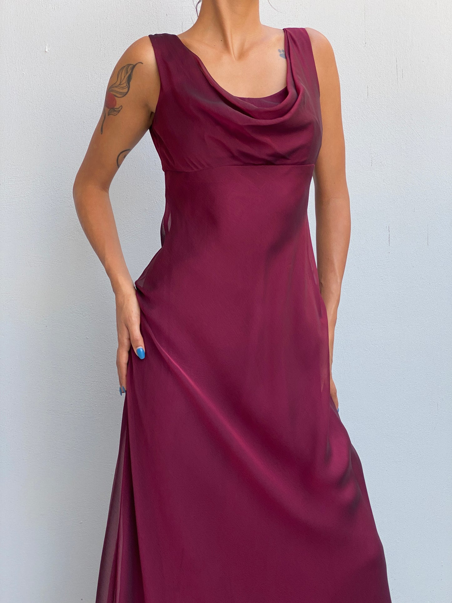 Vintage Y2K Betsy & Adam by Jaslene Burgundy Chiffon Cowl Neck Evening Gown - S