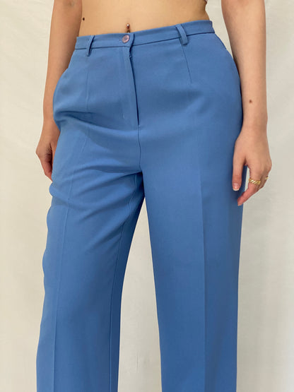 Vintage Karen Scott Petite Tailored Blue Trousers High Waist Straight Leg Office Pants - S