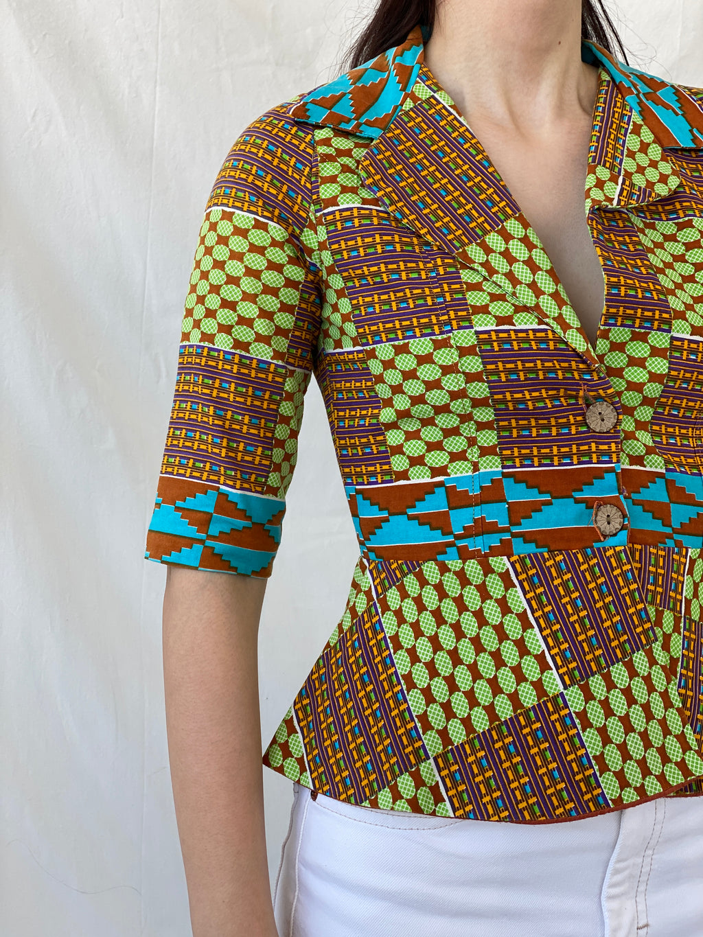 Vintage Handmade Afro Ethnic Print Ankara Short Jacket Green Brown Multicolor Blazer - S