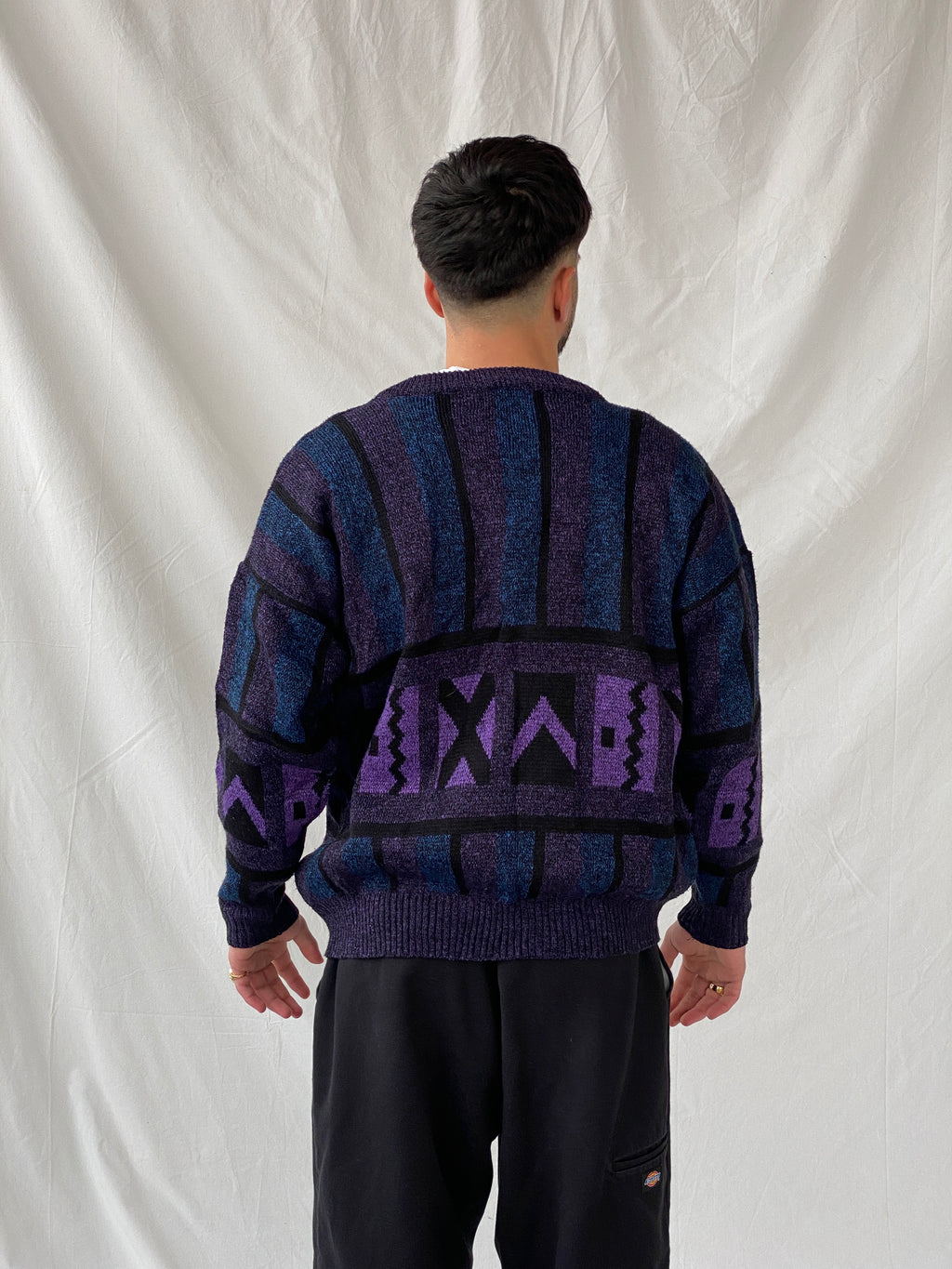 Vintage 80s Pegasus Purple Blue V-Neck Wool Blend Geometric Print Sweater - M
