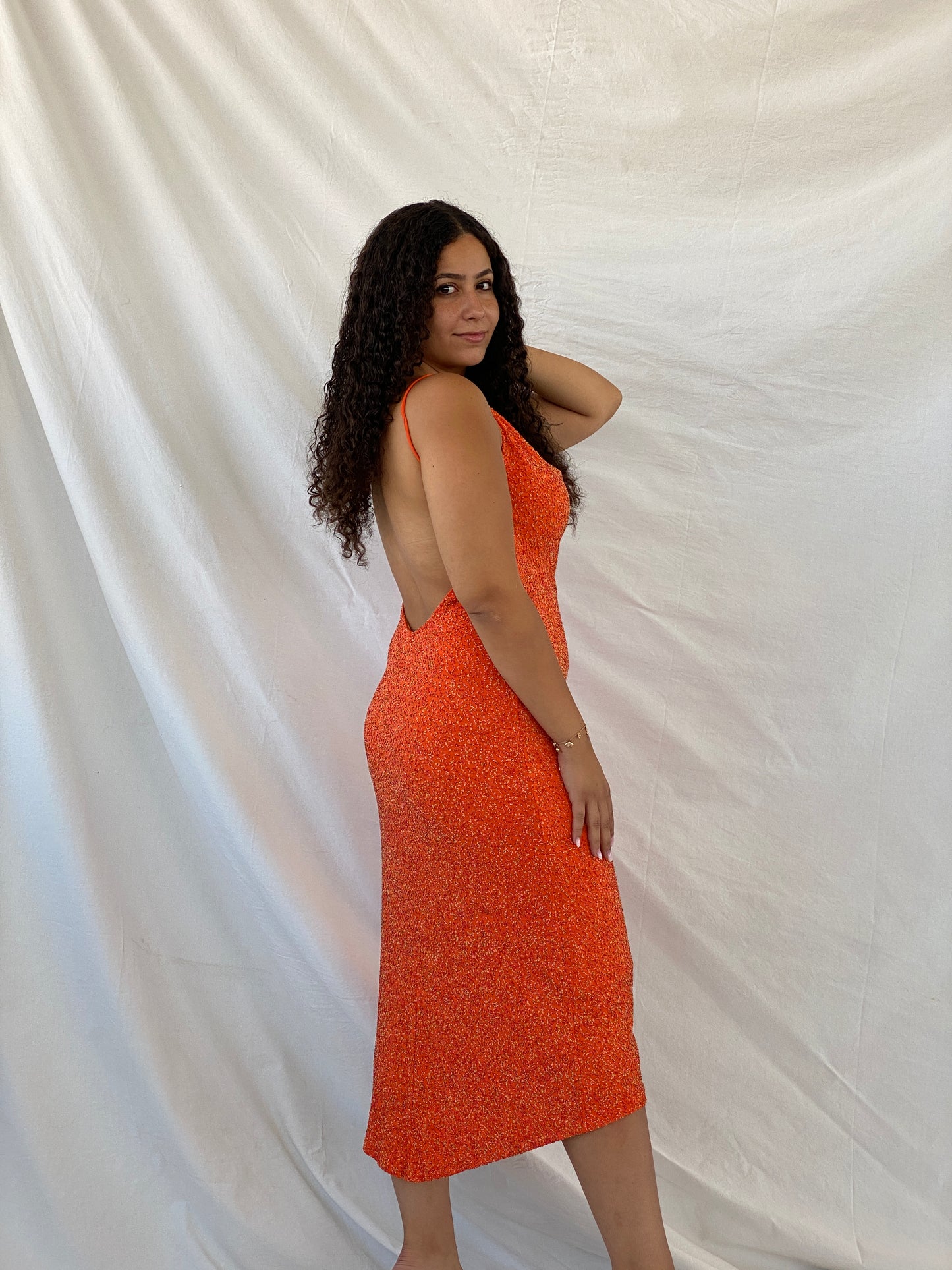 Stunning Alexia Admor Beaded Hot Orange Backless Midi Dress - L