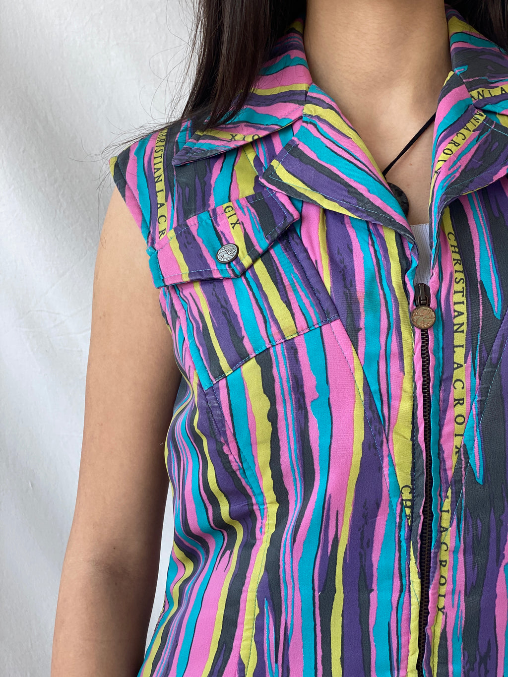 90s Vintage Christian Lacroix Fitted Zip Down Multicolored Vest - L
