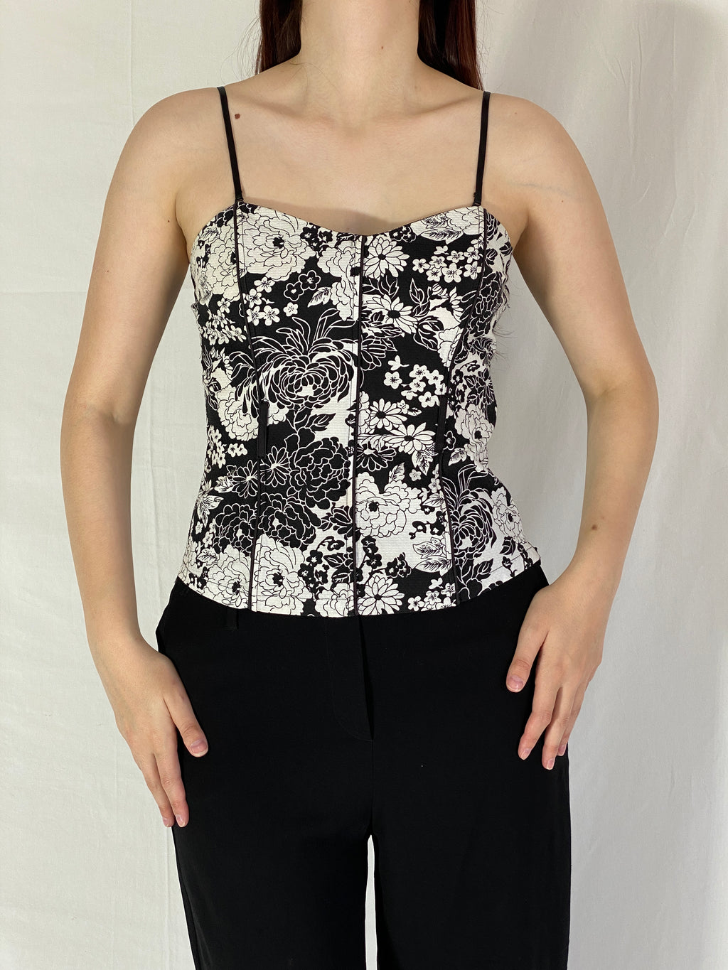 Vintage Y2K Xanaka Boned Corset Top Black & White Floral Bustier - S