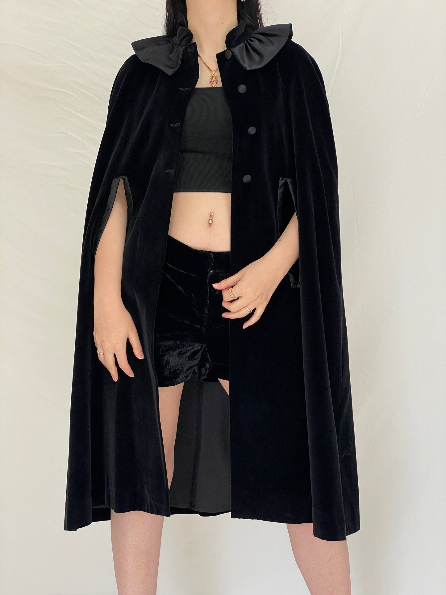 Vintage Black Velvet Cape with Satin Statement Collar - Gothic Elegance Evening Outerwear