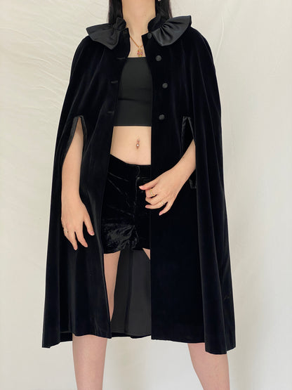 Vintage Black Velvet Cape with Satin Statement Collar - Gothic Elegance Evening Outerwear