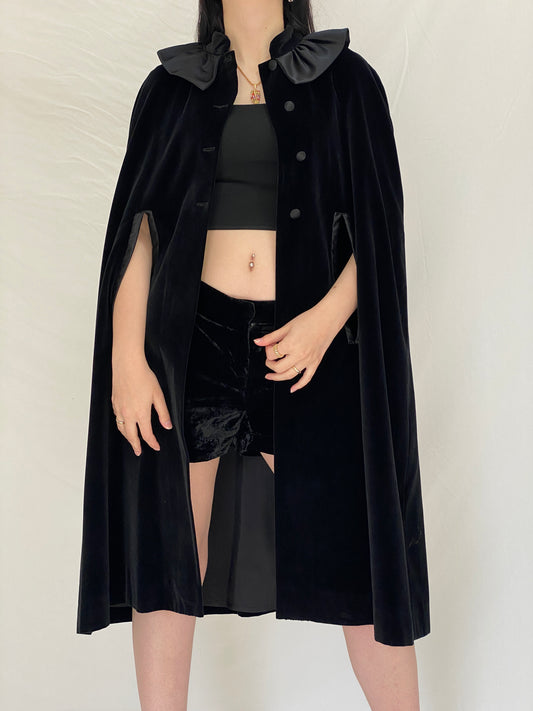 Vintage Black Velvet Cape with Satin Statement Collar - Gothic Elegance Evening Outerwear