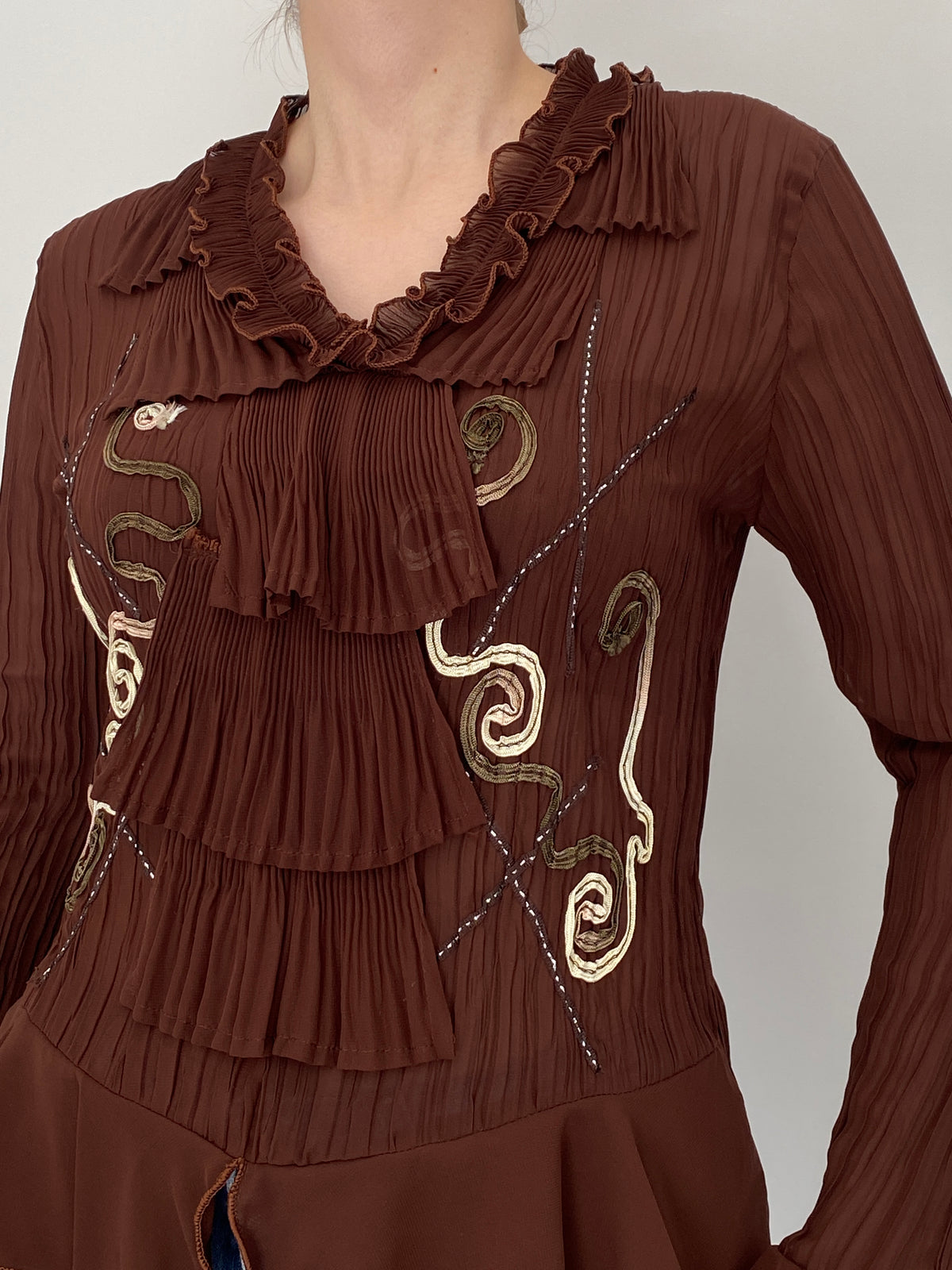 Vintage Whimsy Brown Sheer Pleated Embroidered Ruffle Top – L