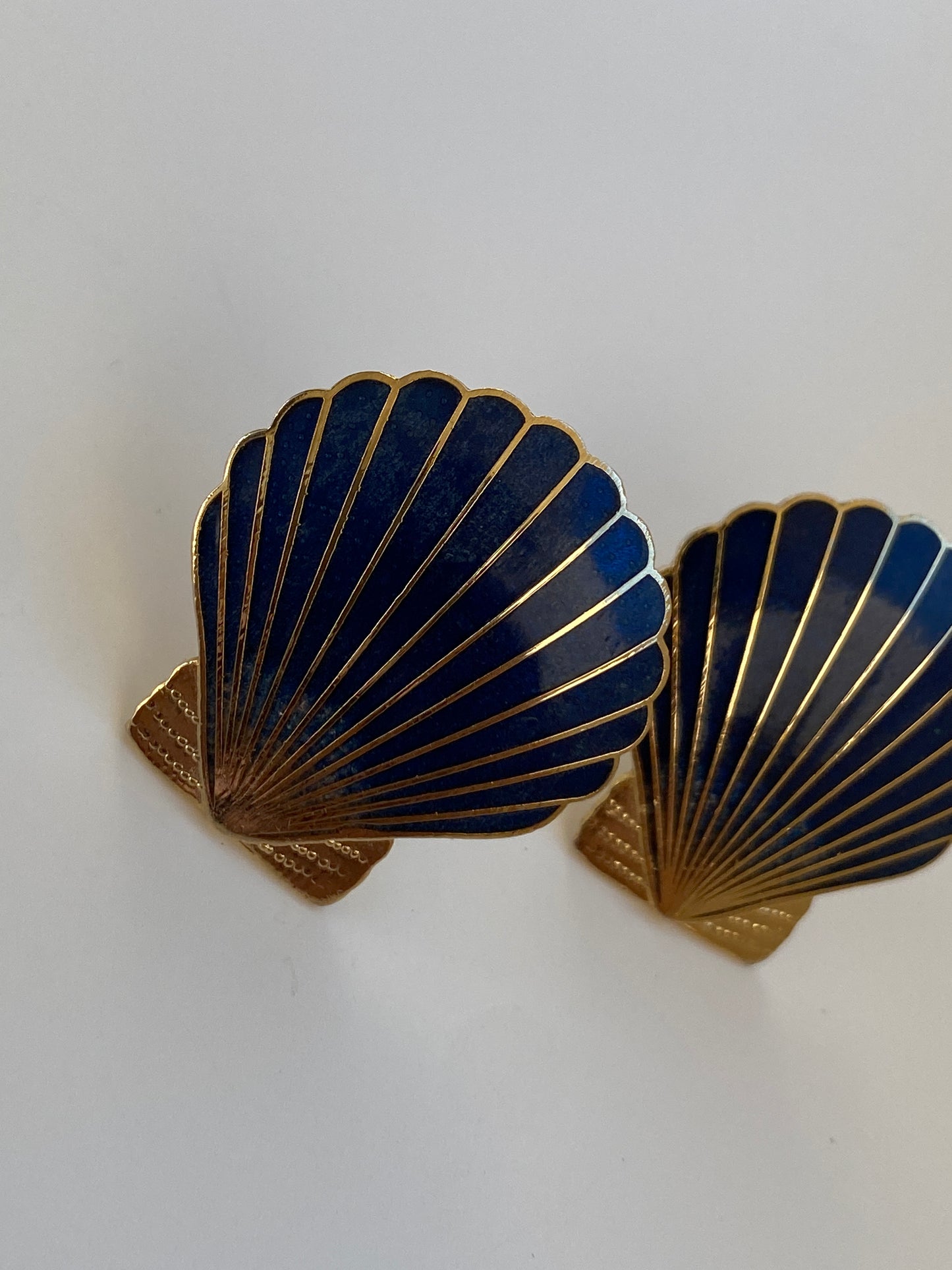 Vintage Navy Blue Enamel Gold-Tone Seashell Stud Earrings