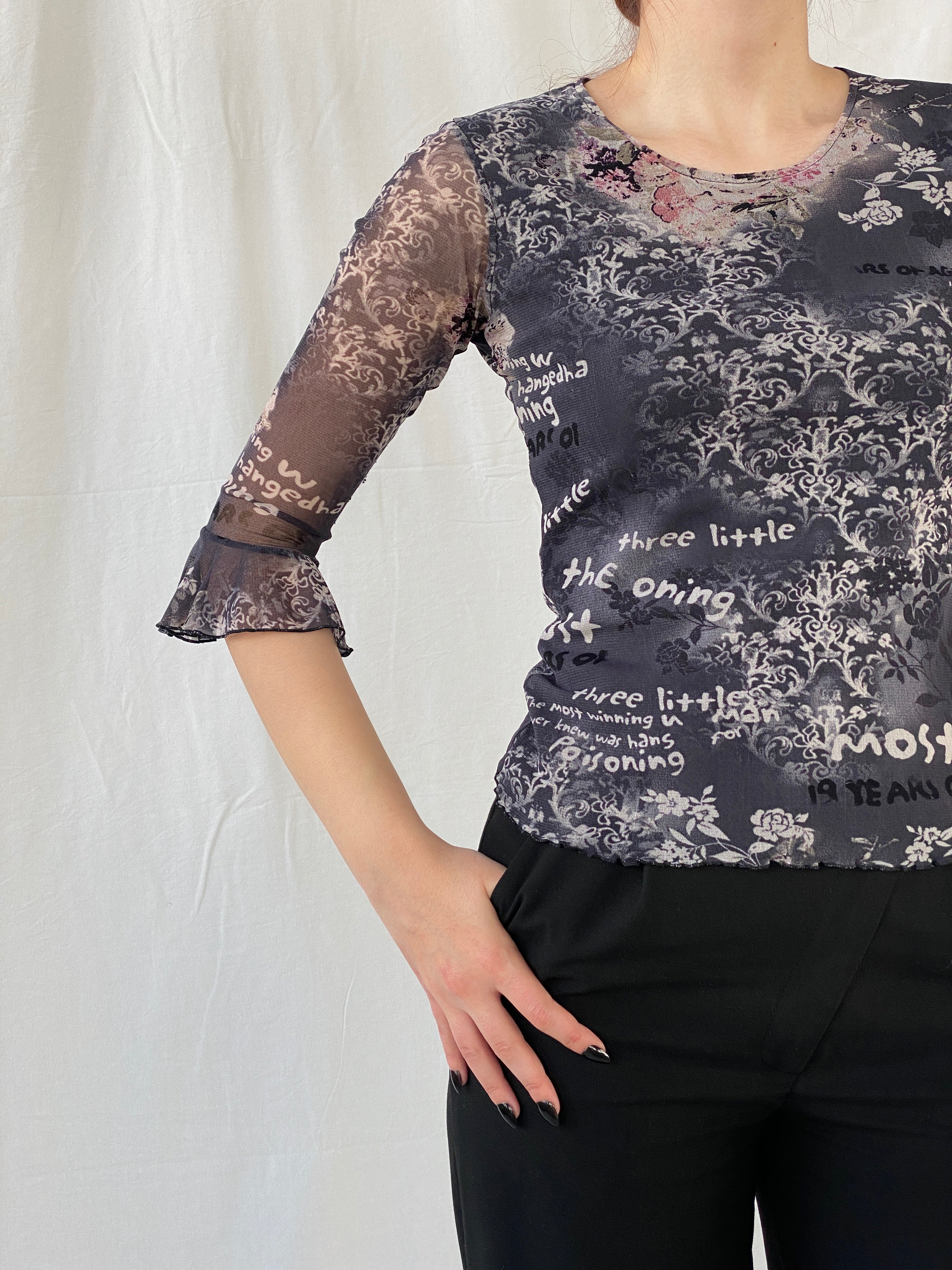 Vintage 90s Pure & Simple Black Graphic 3/4 Sleeve Mesh Top - S