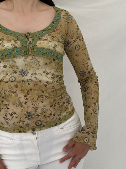 Y2K Bershka Mesh Sage Green Fairy Grunge Floral Long Sleeve Top – M